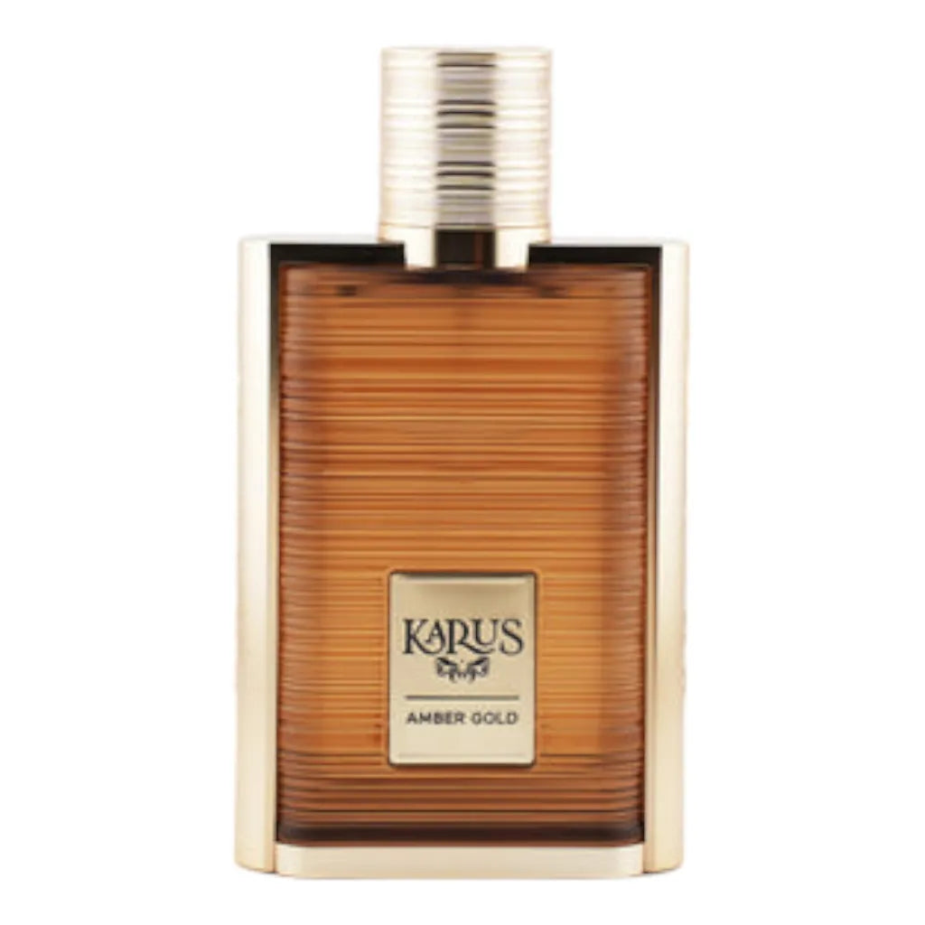Karus Amber Gold 100ml EDP by Khadlaj – luxurious oud floral perfume with blackcurrant, jasmine, patchouli, and incense in a gold glass bottle.
